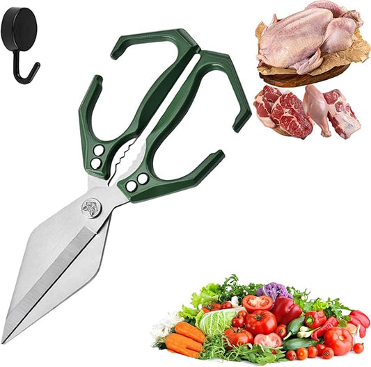 Seattleget Multifunctional Heavy-Duty Kitchen Shears, High-Carbon Steel 9.25" Multipurpose Kitchen Scissors for Chicken, Meat & Veggies, Ergonomic Non-Slip Handle, Built-in Nut Cracker (Green)