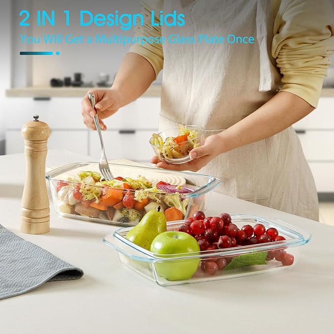 NUTRIUPS 3.0L Large Glass Baking Dish, Rectangular Glass Casserole Dish With Lid, Deep Bakeware for Oven Safe