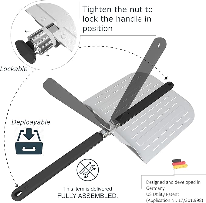 Pizza Peel 12 inch with Long Foldable Handle – Aluminum Pizza Paddle – Pizza Spatula or Pizza Turning Peel – Pizza Oven Accessories – For Baking Dough, Bread and Pastry, NNU-PP-12-PRO