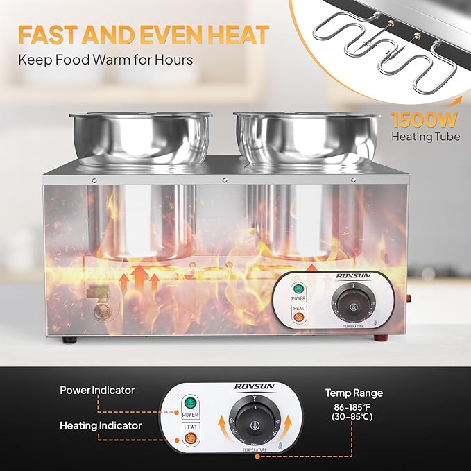 ROVSUN Electric Soup Warmer, 30QT Commercial Food Warmer Steam Table, Countertop Bain Marie with Four 7.4QT Pots, 86~185°F Adjustable Temperature, Lid and Tap for Buffet Restaurant 1500W