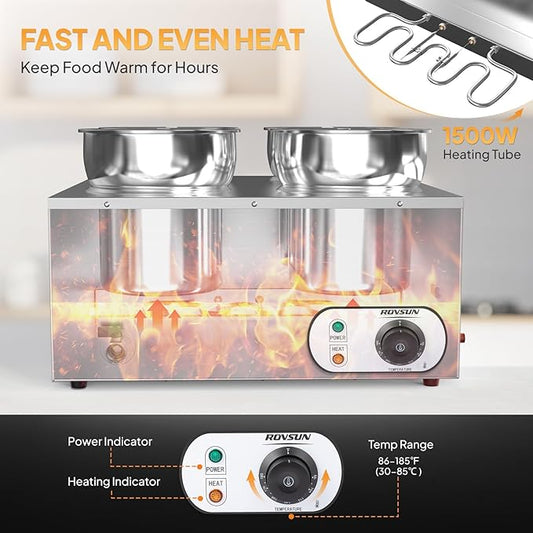 ROVSUN Electric Soup Warmer, 30QT Commercial Food Warmer Steam Table, Countertop Bain Marie with Four 7.4QT Pots, 86~185°F Adjustable Temperature, Lid and Tap for Buffet Restaurant 1500W