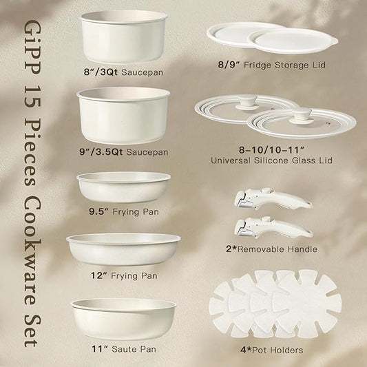 GiPP Ceramic Pots and Pans Set Non Stick, Nonstick Detachable Handle Cookware Sets, Healthy Non Toxic PFAS PFOA & PTFE Free, Dishwasher &Oven Safe, Induction Kitchen Pot and Pan, 15 Piece Cream