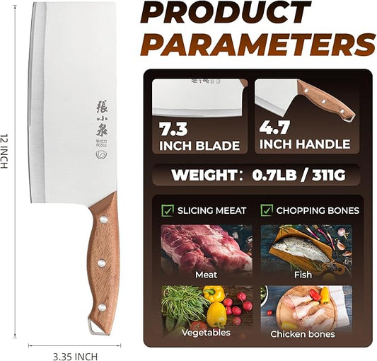 ZHANG XIAO QUAN SINCE 1628 7.3” Meat Cleaver, 40Cr13 Chinese Chopper Slicing Knife Chinese Chefs Knife Wood Handle