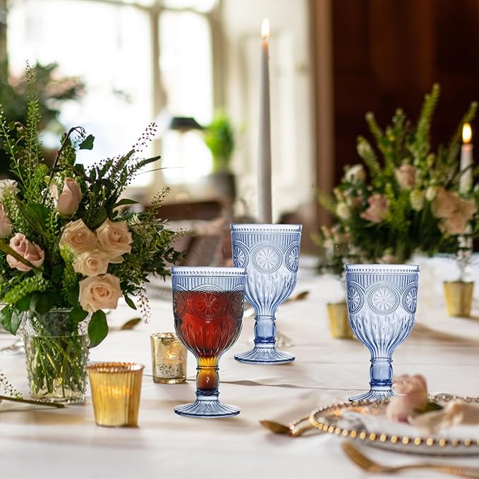 12 Pack Vintage Wine Glasses, Plastic Reusable 12 Ounce Colored Water Goblets, Unique Flower Embossed Pattern Unbreakable Stemmed Wine Glasses High Clear Wedding Party Bar Drinking Cups Blue