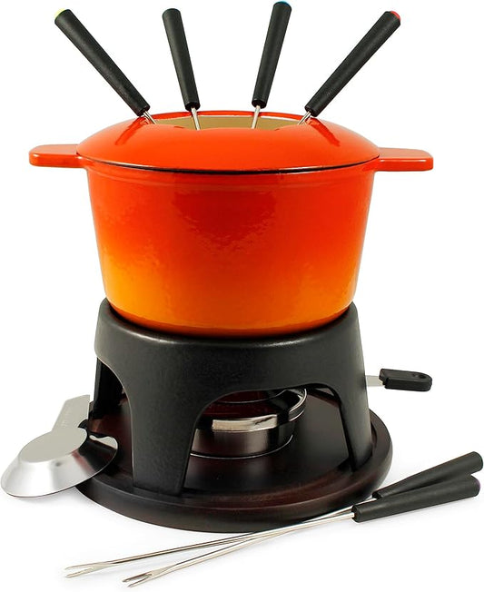 Swissmar Sierra Cast Iron Fondue Set, 1.6 Quart / 1.6 Liter – Perfect for Meat, Cheese, & Chocolate Fondues – Ideal for Family Bonding & Hosting Gifts - 12-Pieces, Gradient Orange