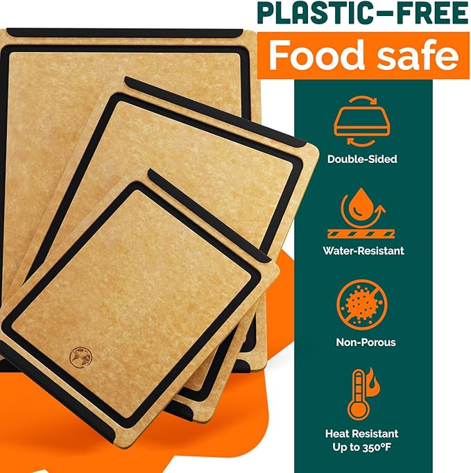 Earth’s Dreams Wood Cutting Board Set 3-Piece: Small, Large & Extra Large - Charcuterie Board, Non-Plastic, Non-Toxic, Heavy-Duty, Dishwasher Safe (Tan/Black)