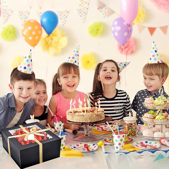 16Pcs 12x12x6 Inch Cake Boxes with Cake Boards (8Pcs Black Cake Boxes, 8Pcs Cake Boards), Bakery Boxes with Window, Cake Carrier Container for Birthday Party, Wedding