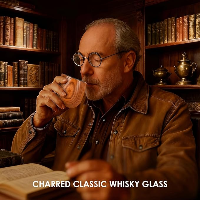 Veelgeluk Charred Whiskey Glass Wooden Bourbon Glass Handcrafted 10oz Whiskey Tumbler Old Fashioned Glass Great Whiskey Gifts For Men Husband Dad Brother Birthday Christmas Father's Day Retirement