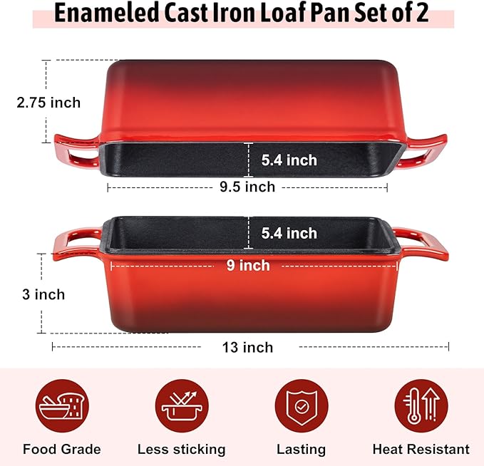 P&P CHEF 2 In 1 Enameled Cast Iron Loaf Pan with Lid, 9 x 5 Inch Bread Loaf Pans for Baking Homemade Sourdough Bread, Meatloaf, Toast, Cake, Nonstick & Healthy & Sturdy, 2 Piece Set - Red
