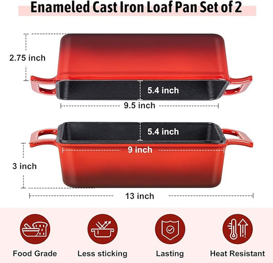 P&P CHEF 2 In 1 Enameled Cast Iron Loaf Pan with Lid, 9 x 5 Inch Bread Loaf Pans for Baking Homemade Sourdough Bread, Meatloaf, Toast, Cake, Nonstick & Healthy & Sturdy, 2 Piece Set - Red
