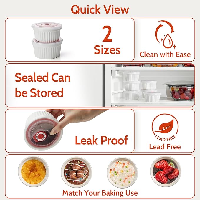 Sweese 6-Pack 8 oz Porcelain Ramekins with Lids, White Souffle Dishes for Baking, Creme Brulee Cups, Oven-Friendly Pudding Custard Bowls – Versatile Kitchen Essentials for Baking and Storing