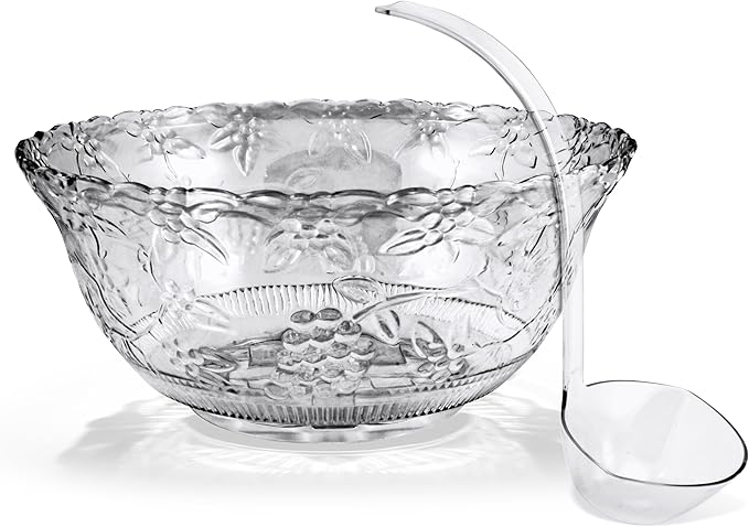 Stock Your Home Premium Plastic Punch Bowl with Ladle, Fancy Disposable Punch Bowls for Parties, Holidays, Schools, Halloween, and More, Quality Glass Like Appearance, Large Punch Bowl with Ladle Set