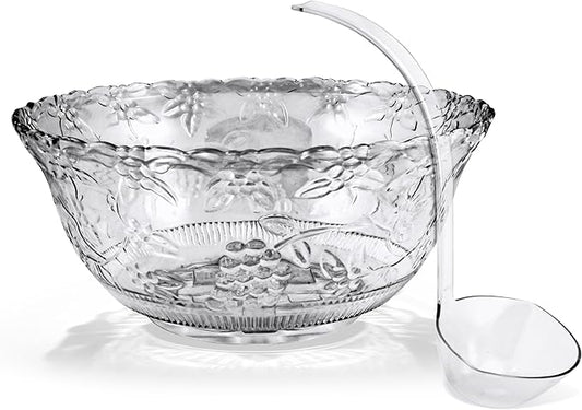 Stock Your Home Premium Plastic Punch Bowl with Ladle, Fancy Disposable Punch Bowls for Parties, Holidays, Schools, Halloween, and More, Quality Glass Like Appearance, Large Punch Bowl with Ladle Set