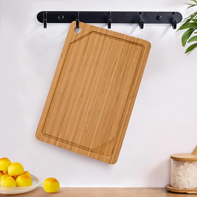 Bamboo Cutting Board For Kitchen, Bamboo Cutting Board Set of 3 with Juice Groove, Double-Sided Chopping Board Serving Board with Hanging Hole for Meat, Vegetables and Cheese