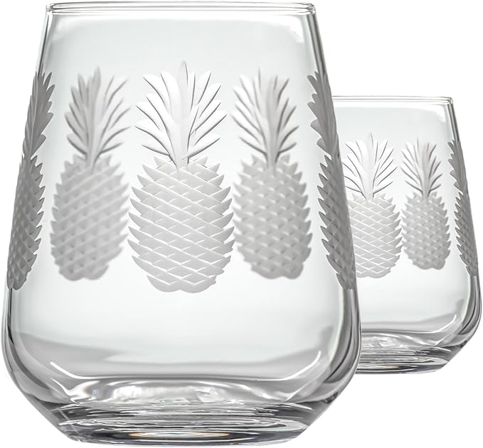 Rolf Glass Fresh Pineapple Stemless Wine Glass | 15.75oz Stemless Tumblers | Lead-Free and Diamond-Wheel Engraved | Tropical Coastal Etched Glassware with Pineapple Design | Set of 2