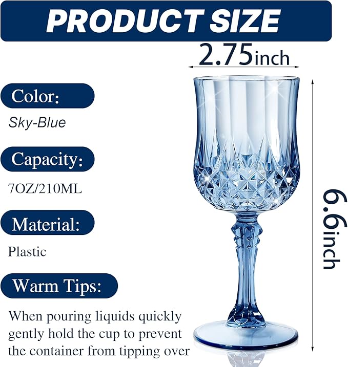 12 Pcs 7 Oz Plastic Goblets for Parties, Blue Plastic Wine Glasses Vintage Champagne Whiskey Crystal Water Goblets for Home, Office, Bars, Wedding, Ribbed (12, Ocean Blue)