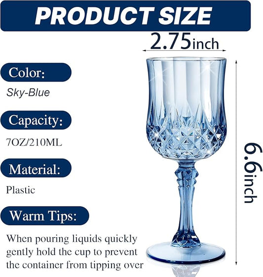 12 Pcs 7 Oz Plastic Goblets for Parties, Blue Plastic Wine Glasses Vintage Champagne Whiskey Crystal Water Goblets for Home, Office, Bars, Wedding, Ribbed (12, Ocean Blue)