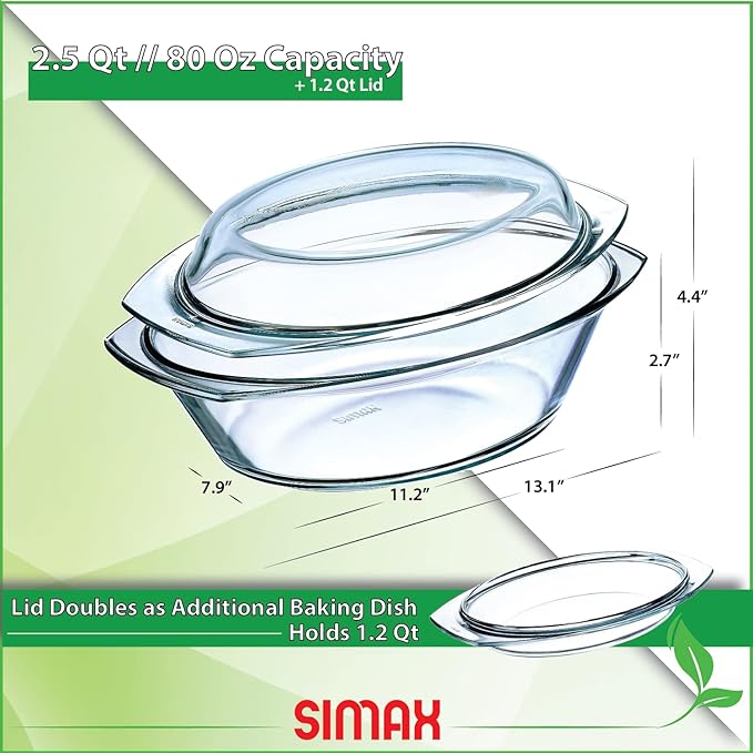 Simax Clear Glass Casserole Dish: Clear Glass Oval Casserole Dish with Lid and Handles Covered Bowl for Cooking, Baking, Serving, etc. Microwave, Dishwasher, and Oven Safe Cookware – 2.5 Quart