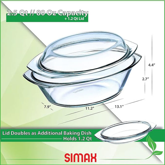 Simax Clear Glass Casserole Dish: Clear Glass Oval Casserole Dish with Lid and Handles Covered Bowl for Cooking, Baking, Serving, etc. Microwave, Dishwasher, and Oven Safe Cookware – 2.5 Quart