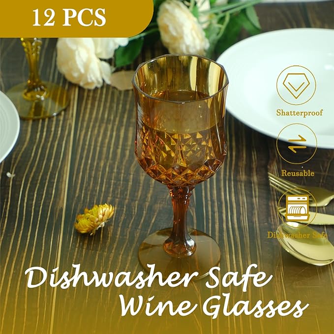 Plastic Wine Glasses,Plastic Goblets Vintage Style Cordial Drinking Glasses for Wedding Reception, Grand Event Party Supplies (12, Amber)