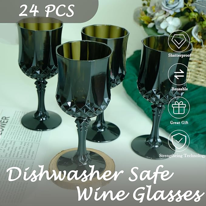 Plastic Wine Glasses,Plastic Goblets Vintage Style Cordial Drinking Glasses for Wedding Reception, Halloween Grand Event Party Supplies (24, Black)