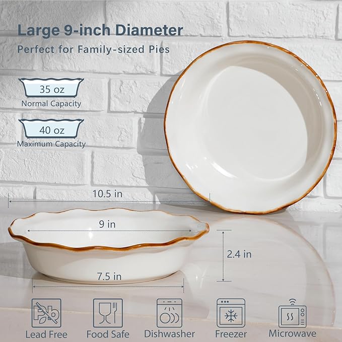 ONEMORE 9-Inch Deep Dish Pie Pan - Ceramic Pizza Pan for Oven, Baking Chicken Pot Pie, Quiche & Tarts - Rustic White Dish for Perfectly Crispy Crust, Large Ruffled Baking Plate