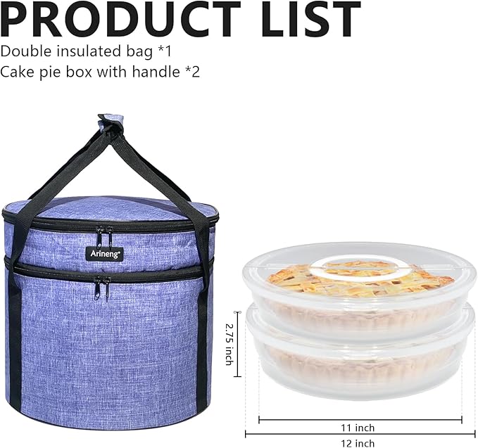 Plastic Pie Carrier Pack of 2 and insulated bag,pie carrier with lid and handle,pie carriers for transport,Holds 3 pies/Thanksgiving Day (Purple, 2 pie carriers + insulated bag)