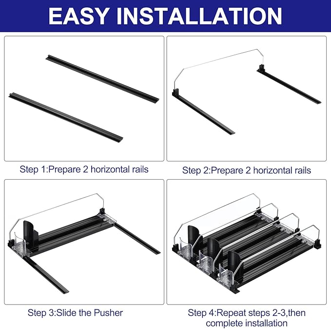 uxcell 3pcs Soda Can Organizer for Refrigerator, Self-Pushing Drink Organizer for Fridge, Width Adjustable Drink Dispenser Beverage Pusher For Pantry Vending Machine, Black