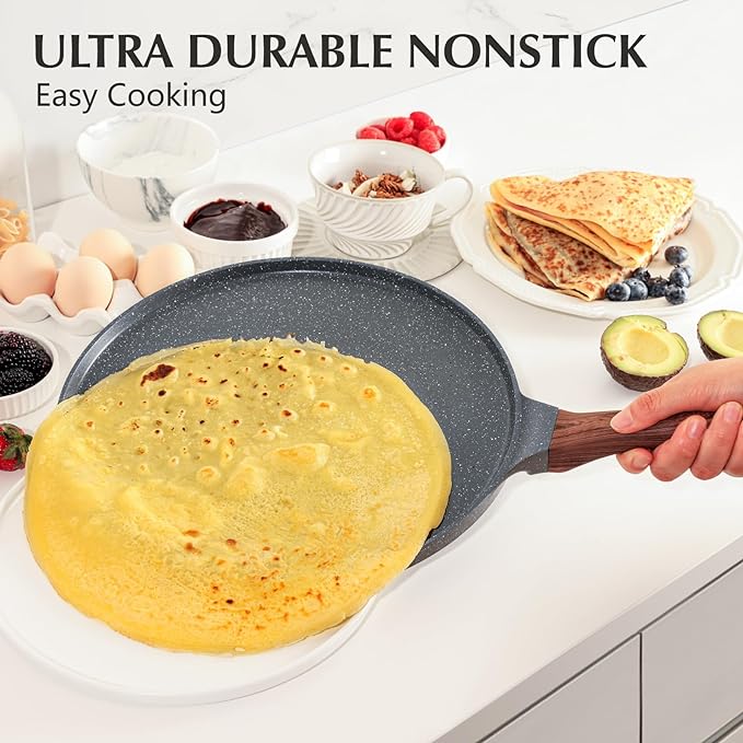 SENSARTE Nonstick Crepe Pan, Swiss Granite Coating Dosa Pan Pancake Flat Skillet Tawa Griddle 10-Inch with Stay-Cool Handle, Induction Compatible