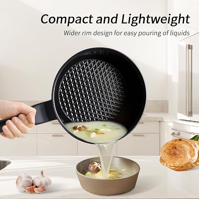 Nonstick Saucepan with Lid,2.4 Quart Ceramic Glaze Coated Small Pot, Anti-Detachment Design of The Handle “Design of The Heat Exchange Space at The Bottom of The Pan” PFOA PFOS Free
