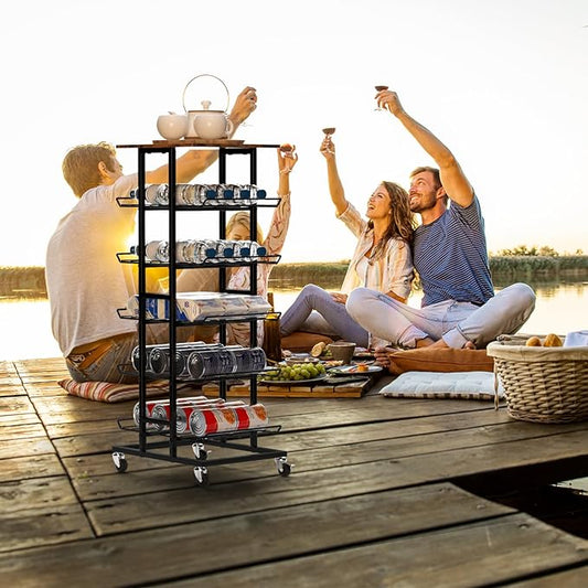 Water Bottle Organizer 6 Tier Bottled Water Storage Rack with Wheels Water Bottle Stand Drink Holder Metal Beverage Rack Soda Can Shelf Organizer for Pantry Kitchen Home Office Party, Brown