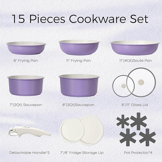 15Pcs Pots and Pans Set Non Stick, Cookware Sets with Detachable Handle, Nonstick RV Kitchen Cooking Tools Removable Handles, Oven Safe, Induction Fast, Stackable Induction Cookware, Purple