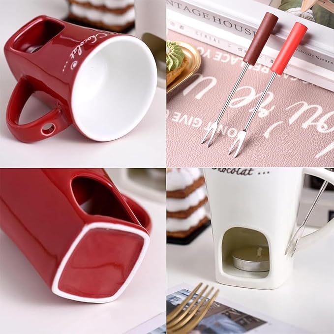 Chocolate Melting Fondue Mugs Set With Forks,Sweet Fondue Cup,Chocolate Fondue Mugs with Forks,Chocolate Melting Mug,Ceramic Cheese Mug,Birthday,Wedding Gifts (Brown)