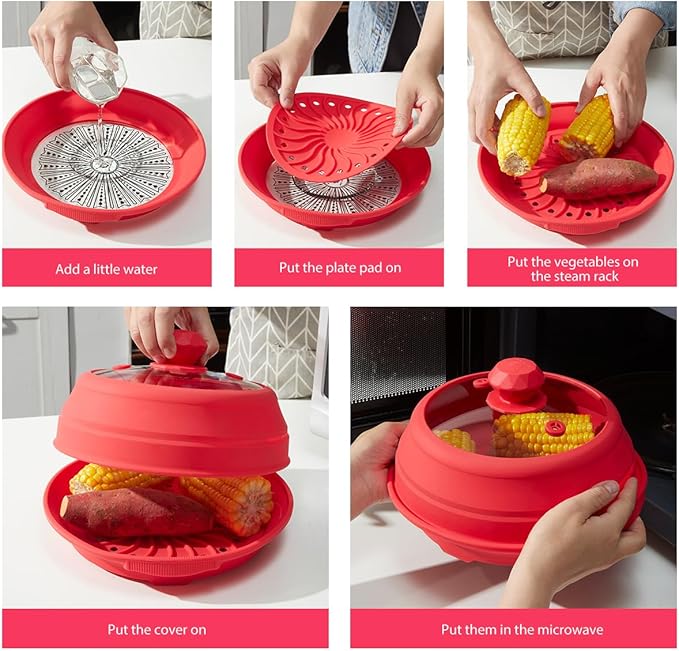 Microwave Splatter Silicone Cover Collapsible, Vented Multifunction Splash Lid with Glass Dish Bowl Plate for Food Cooking Bacon Maker, Dishwasher Safe BPA-Free 9 inch Cookware Set Red
