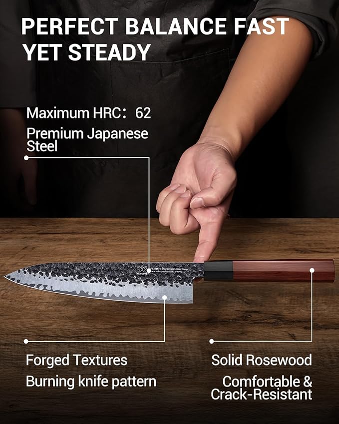 8 Inch Japanese Knife, Hand Forged 5 Layers High Carbon 9CR18MOV Steel Rosewood Handle Chef Knife, Ultra Sharp Durable Professional Kitchen Knife, A Thoughtful Birthday Gifts for Mom/Dad