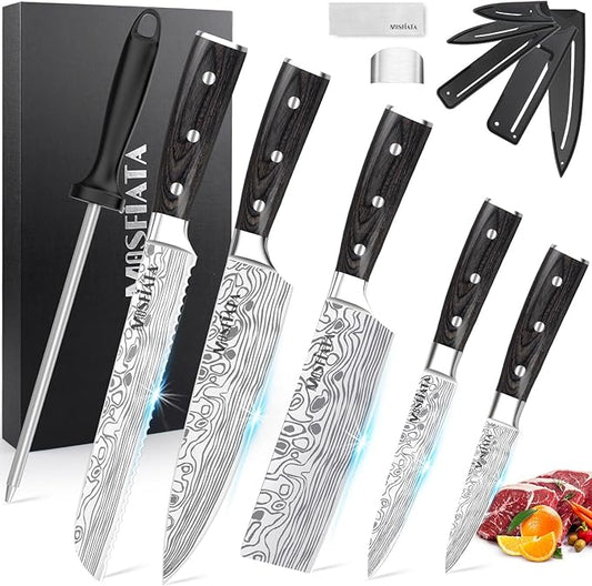 MOSFiATA 5 PCS Chef Knife Set, German High Carbon Stainless Steel Kitchen Knife Set with Sharpener Rod,5PCS Blade Guard,Wood Handle Knives Set for Kitchen with Gift Box