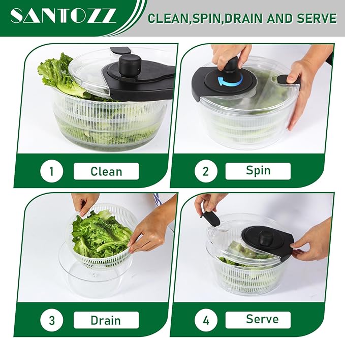 Santozz Rotary Salad Spinner with Bowl 4.2Qt, Lettuce Dryer, Vegetable Washer, Colander and Build in Draining System for Washing, Draining Vegetables, Greens and Fruits