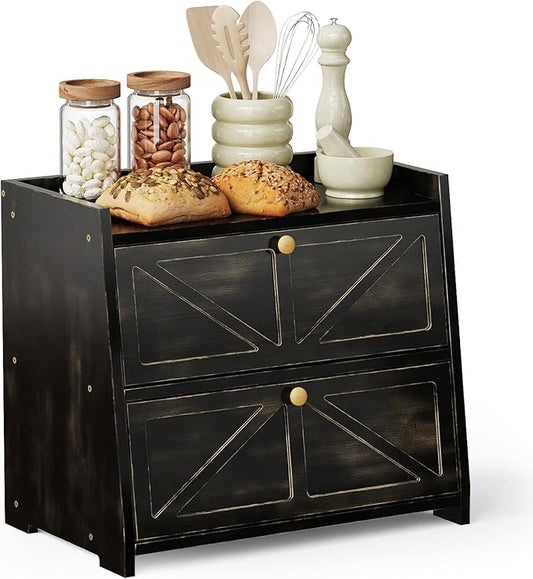 Vintage Double Layer Bread Box for Kitchen Counter Bamboo Bread Storage Container Large Capacity Bread Storage Bin (Antique Black)