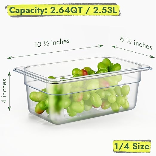 CURTA 6-Pack 1/4 Size 4" Deep NSF Polycarbonate Food Pans with Handled Lids & Drain Trays | Dishwasher & Freezer Safe Clear Container for Prep Tables, Buffet, Salad Bar, Commercial Kitchen