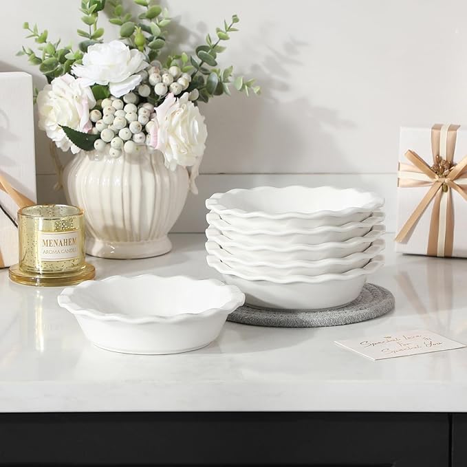 MALACASA Ceramic Mini Pie Pans Set of 6, 6 Inch Pie Plates for Baking with Ruffled Edge, Small Quiche Baking Dish Pans Tart Pans, Individual Pot Pie Plates, Microwave & Oven Safe, White