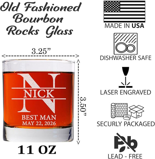 Set Of 9, Personalized Whiskey Glass For Groomsman Gifts, Best Man, Groom, 11oz Old Fashioned Custom Monogrammed Whiskey Glass