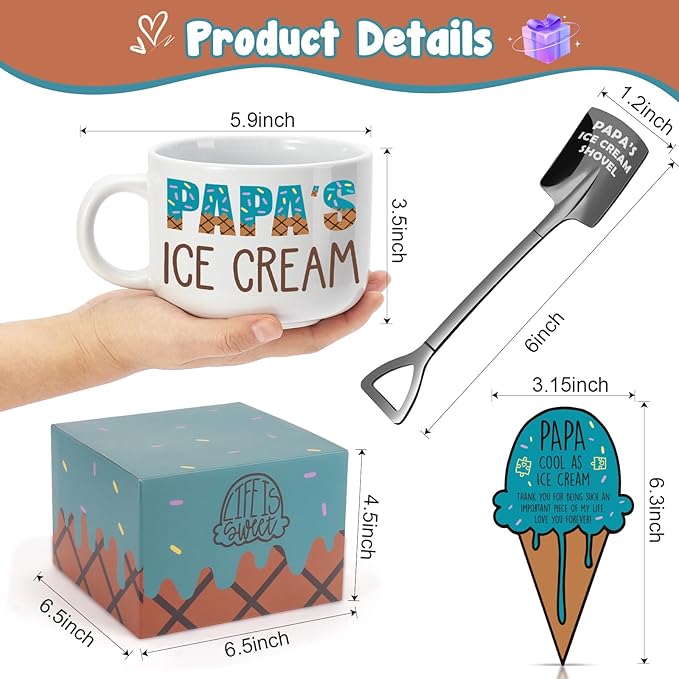 YEUYUQIU Papa Gifts for Grandpa - Christmas Gifts for Papa from Granddaughter Grandson, Ideal Birthday Gift for Grandpa - Papa's Ice Cream Bowl Shovel Set Present for Birthday Fathers Day Christmas