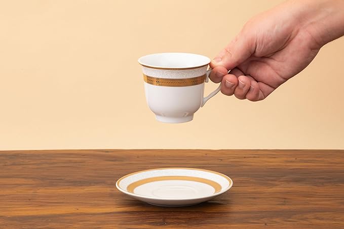 Porcelain Tea Set 8 Piece - 5.75 inch Saucers, 6.5 oz Cups - Elegant White with Gold Rope Design - Dish Set for Tea-Parties, Cappuccino, Vintage Kitchen Decor (Rope Gold 3008, 8 Piece)