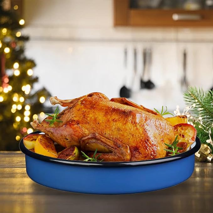 3Pack Enamel Baking Pans Round large Roasting Pan 10/12/14inch Deep Cake Pan Pizza Turkey Cookies-Oven & Dishwasher Safe (500°F) Casseroles Desserts Thanksgiving Holiday Gifts