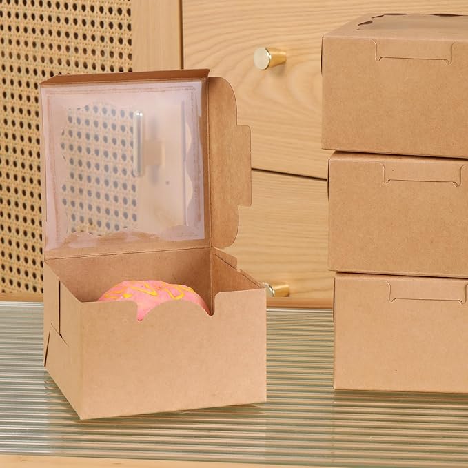 150pcs Brown Small Cake Box,4x4x2.5 Inch Bakery Boxes with Window,gift boxes bulk for Mini Cake Pastry Dessert Strawberries Chocolates Cupcakes with Stickers