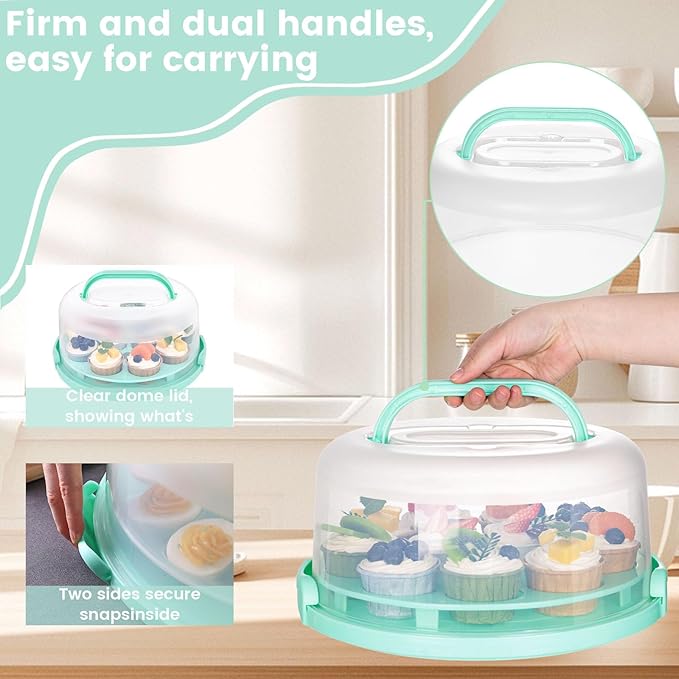 HANSGO Cake Carrier with Lid and Handle, Cupcake Carrier Cake Plate with Dome, 3-in-1 Multi-Purpose Food Storage for Dessert Baking Party Camping