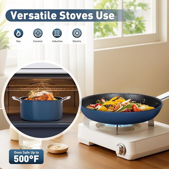 DishDelight Pots and Pans Set Nonstick, Ceramic Kitchen Cookware Sets Nonstick Induction Cookware Cooking Pan Set with Frying Pans, Saucepans, Added Plasma Diamond, Blue
