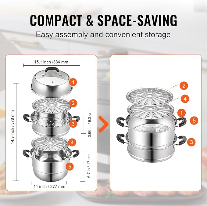 VEVOR Steamer Pot 11in/28cm, 3 Tier Steamer Pot for Cooking with 8.5QT Stock Pot, Vegetable Steamer & 2 Steaming Tray, Food-Grade 304 Stainless Steel Food Steamer Cookware for Gas Electric Stove Grill