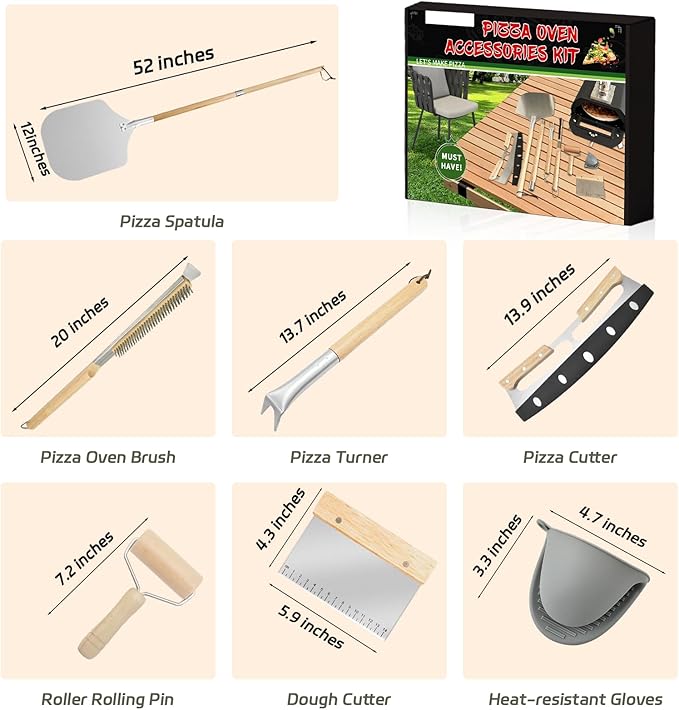 7PCS Pizza Oven Accessories Kit β Premium Pizza Making Tools Set for Home & Outdoor Ovens β Includes Pizza Peel, Oven Brush, Bubble Popper Turner, Rocker Cutter, Dough Roller & Scraper