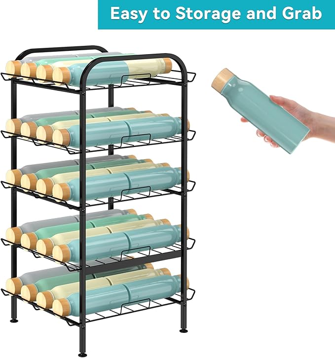 Water Bottle Organizer 5 Tier FreeStanding Water Bottle Storage Shelf Adjustable Water Bottle Holder Stand Metal Beverage Can Rack for Pantry Kitchen Party Black